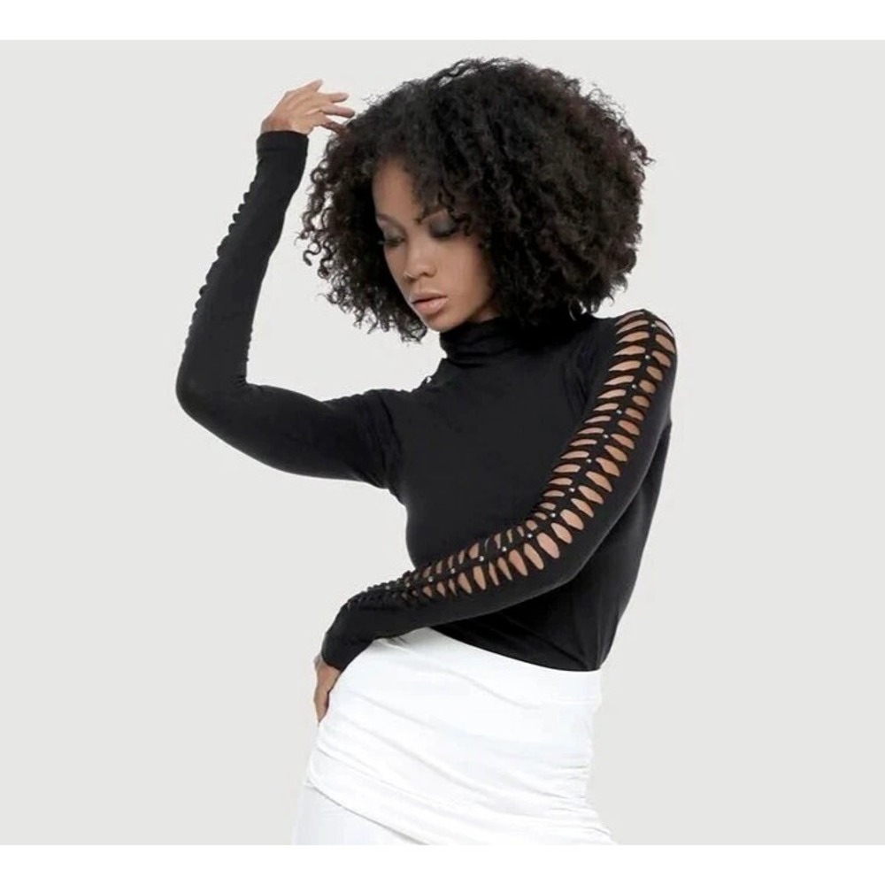 Psylo Black Organic Cotton Studded Braided Cutout Slashed Long Sleeve Top Sz 3 L